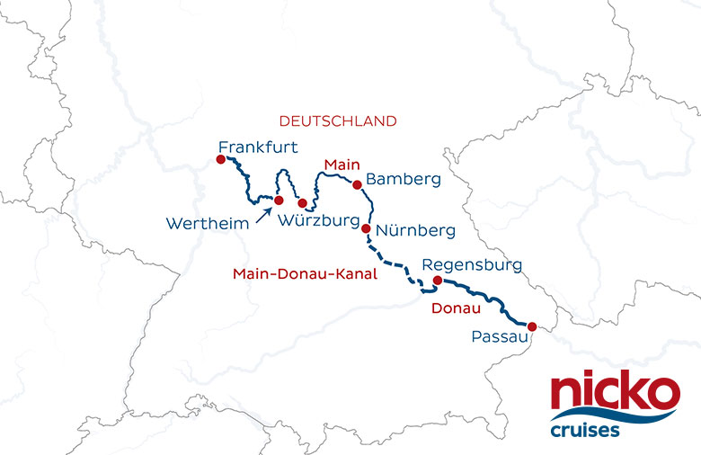 Reiseroute Passau - Nürnberg - Würzburg - Frankfurt