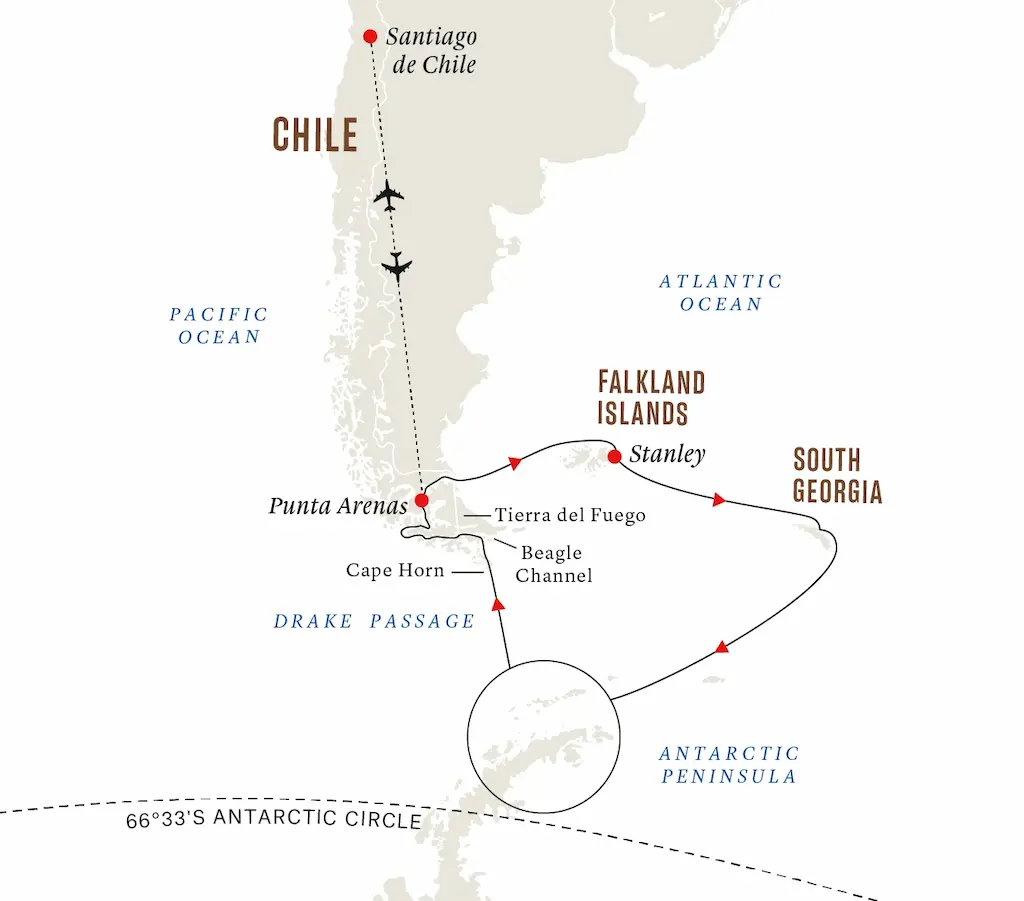 Hurtigruten Antarktis: Die Reiseroute von Südamerika über die Falklandinseln und Südgeorgien zur Antarktischen Halbinsel