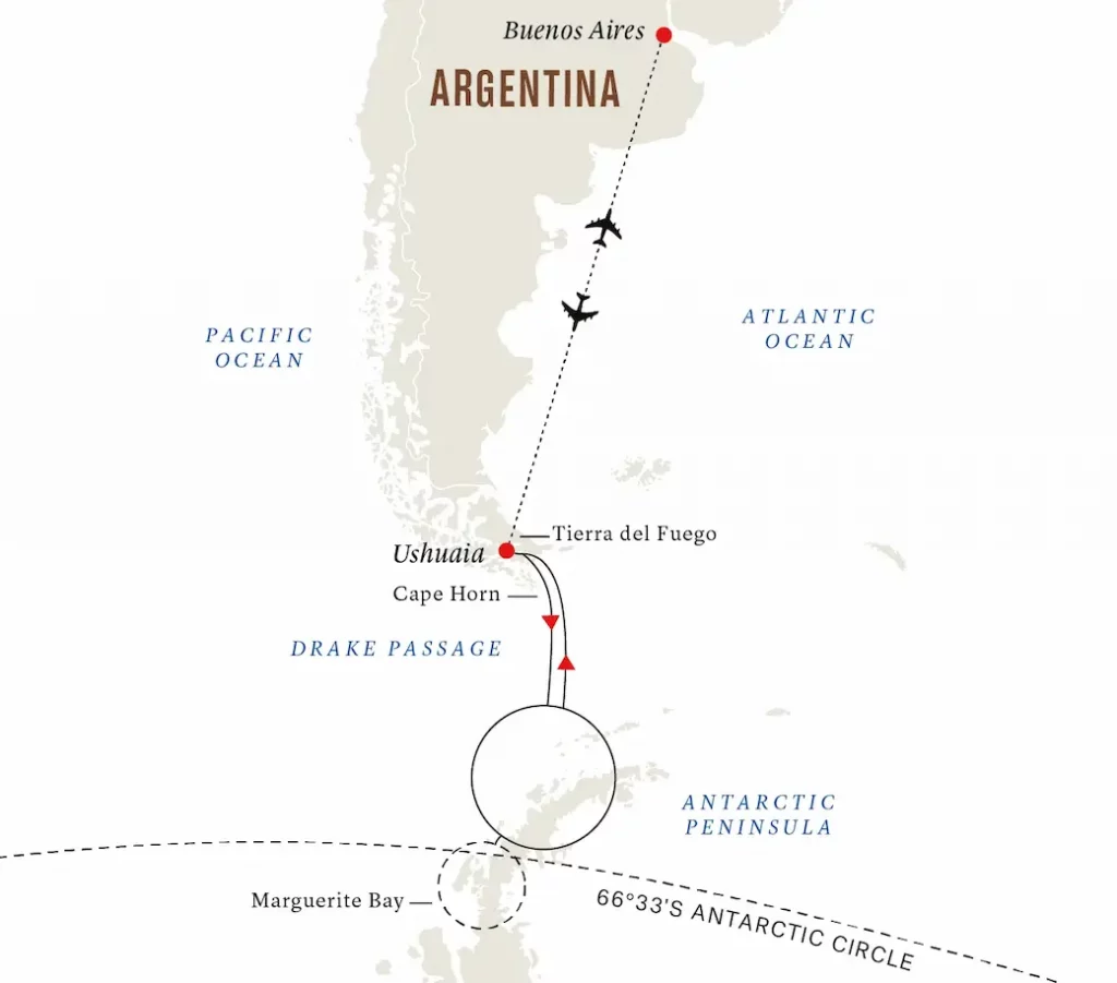 Hurtigruten Antarktis: Routenkarte "Expedition zum südlichen Polarkreis"
