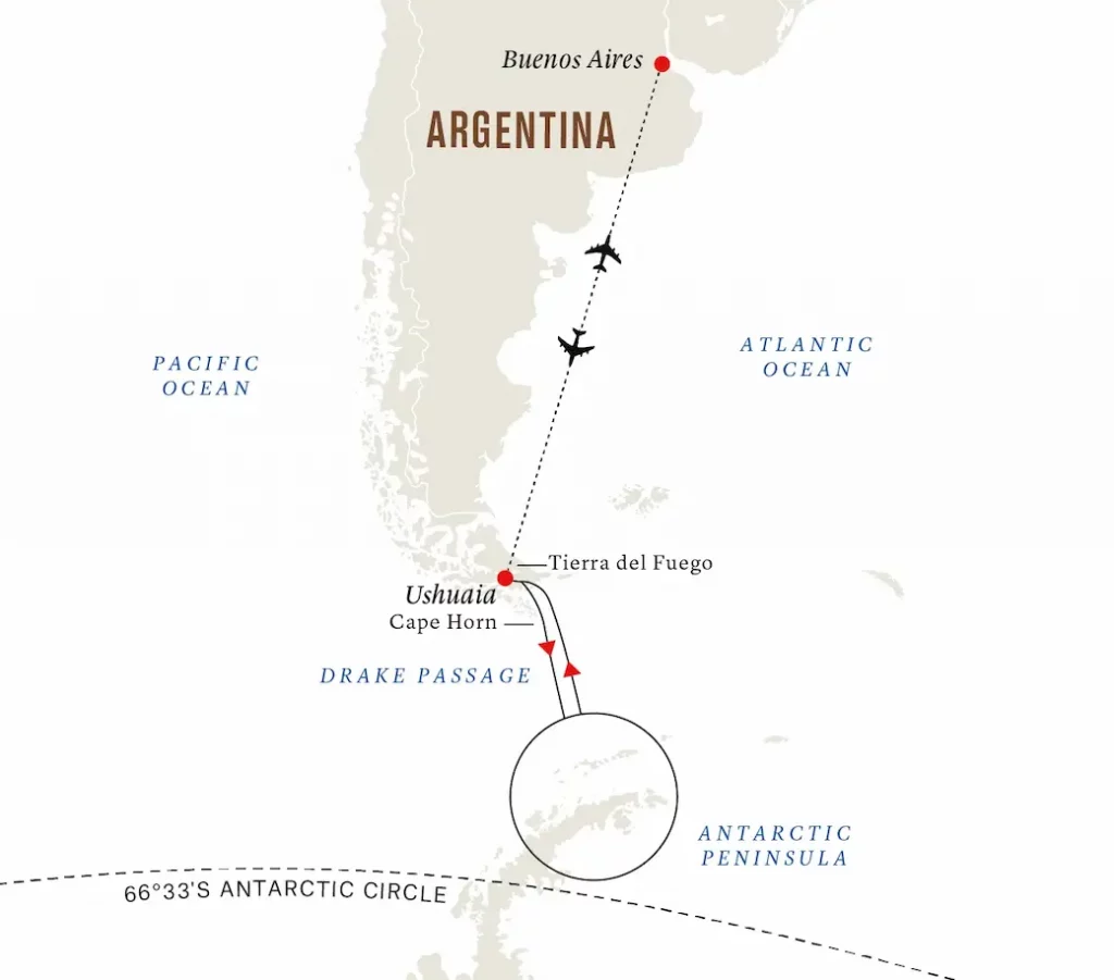 Hurtigruten Antarktis: Routenkarte "Höhepunkte der Antarktis"