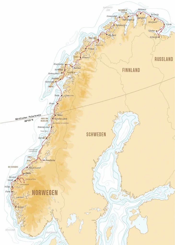 Hurtigruten Route Karte der Postschiffe in Norwegen