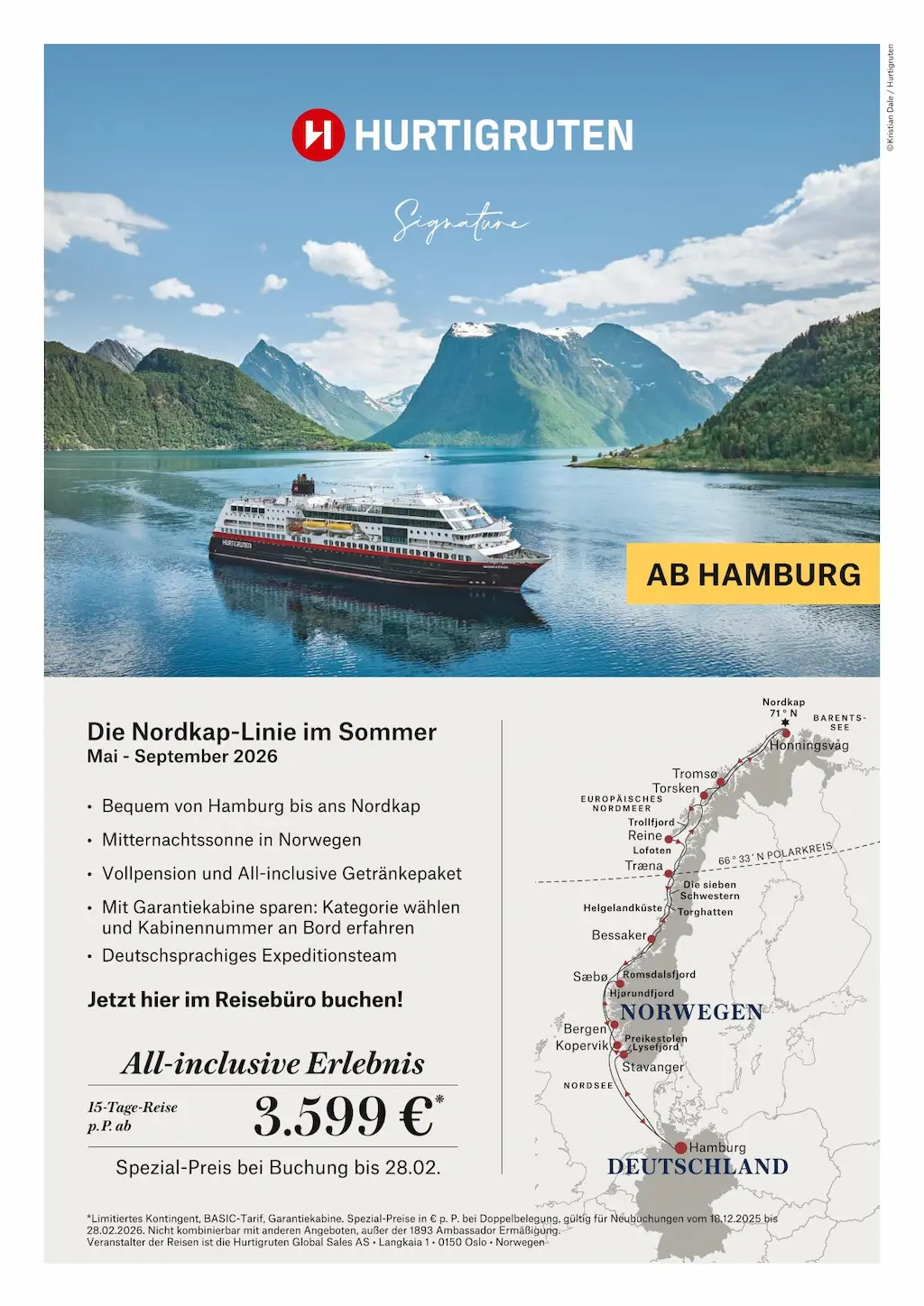 Die Hurtigruten Nordkap-Linie im Sommer ab Hamburg