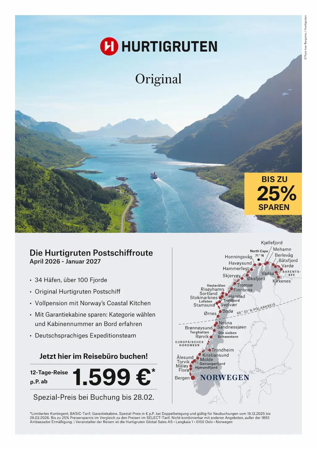 Die Hurtigruten Postschiffroute mit bis zu 25 % Ersparnis